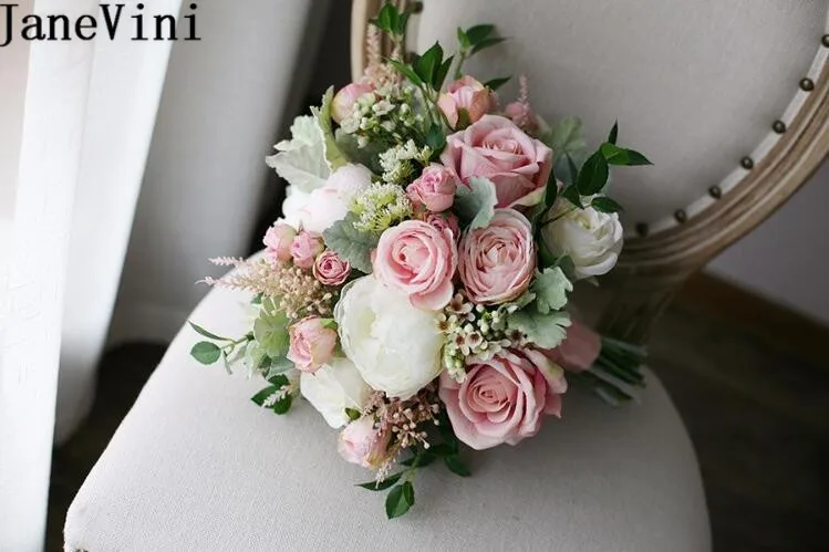 JaneVini Artificial Blush Pink Bride Bouquet Rose Vintage White Peony Silk Flower Wedding Bouquets Fake Bridal Brooch Holder | Свадьбы и