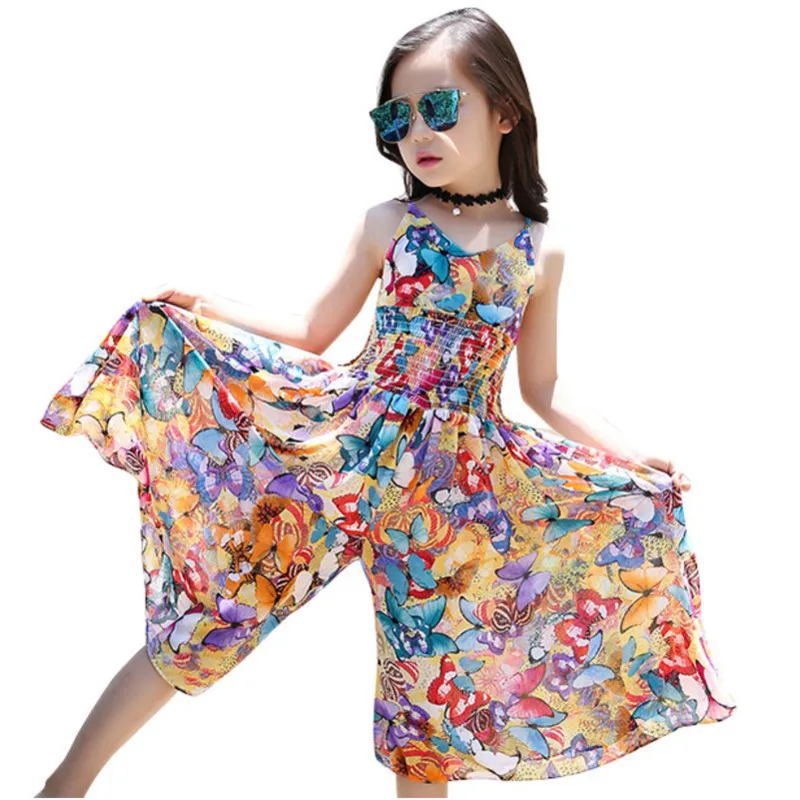 flower colour Летнее богемное пляжное брючный костюм с бретельками для девочек, детские широкие комбинезоны с цветочным принтом, шифоновая Праздничная пляжная одежда для детей - Цвет: flower colour