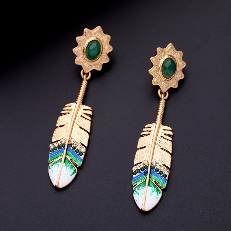 Новый золотой цвет сплав Эмаль Кристалл Длинные серьги с перьями очаровательные