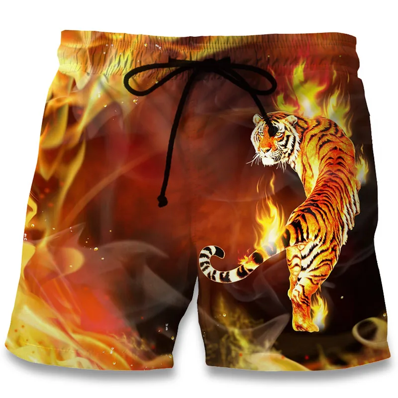 Мужские летние шорты 2017 пляжные для фитнеса с 3D принтом пламени и тигра модные