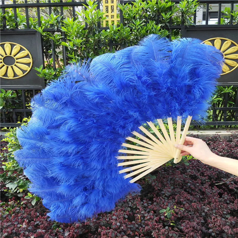 

YY-tesco 1pcs/lot High Quality Blue Ostrich Feathers Fan Celebration Party Wedding Dance Performance Props 15 Bone Feathers Fan