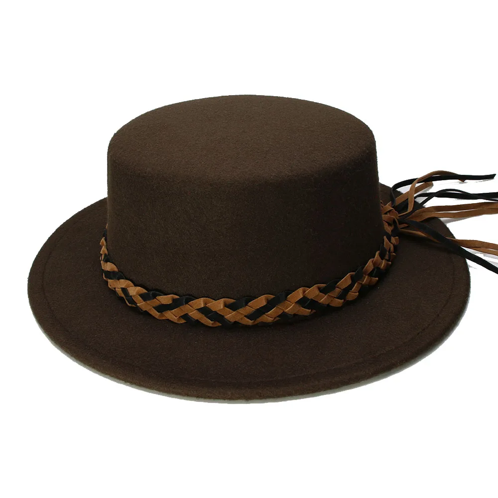 

LUCKYLIANJI Women Men Vintage 100% Wool Wide Brim Round Cap Pork Pie Porkpie Bowler Hat Twist Braid Leather Band (57cm/Adjusted)
