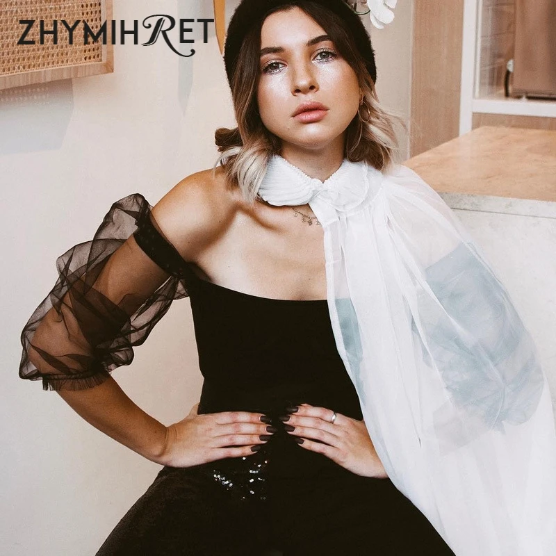 ZHYMIHRET сексуальный сетчатый боди с пышными рукавами женский черный квадратный
