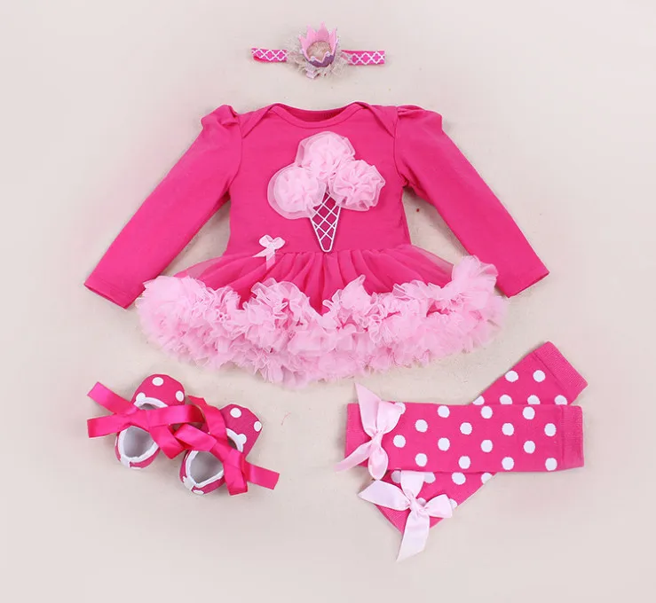 New Baby Girl 4pcs Clothing Sets Infant Ice Cream Rompers Dresses+Shoes+Headband+Leg Warmer Costumes For Kid Party Birthday Gift