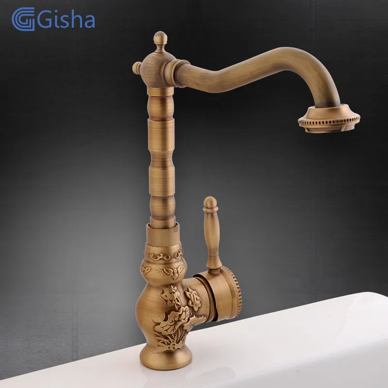 Antique bronze Gisha смеситель для ванной комнаты, античный ретро резной кран для раковины, вращающийся кран с одной ручкой и одним отверстием, кран для горячей и холодной воды G1040 - Цвет: Antique bronze