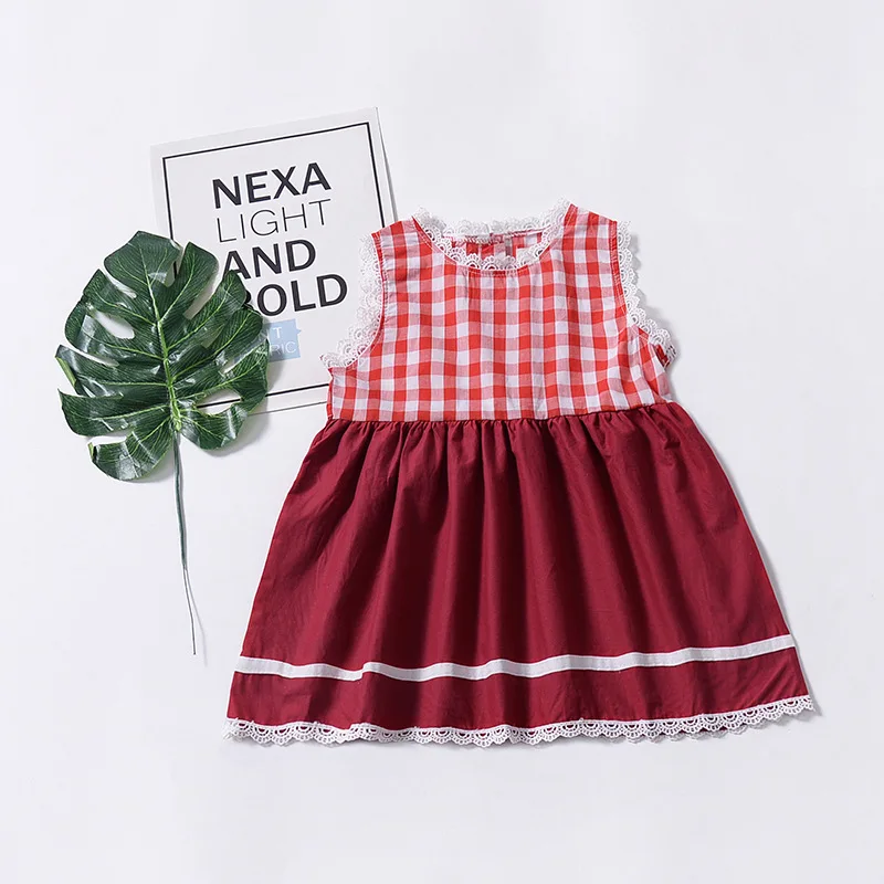 Hot style Children Summer Dress Girl's Lace Plaid Baby Pleated Red Crew Neck Toddler Princess Fairy dress DR19020 | Детская одежда