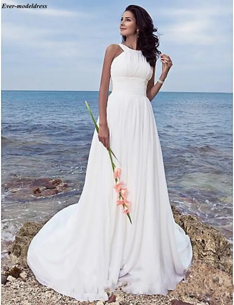 

2019 Newest Beach Wedding Dresses Plus Size A-line Halter Neck Sweep Train Bride Dresses Ivory Chiffon Boho Wedding Gowns