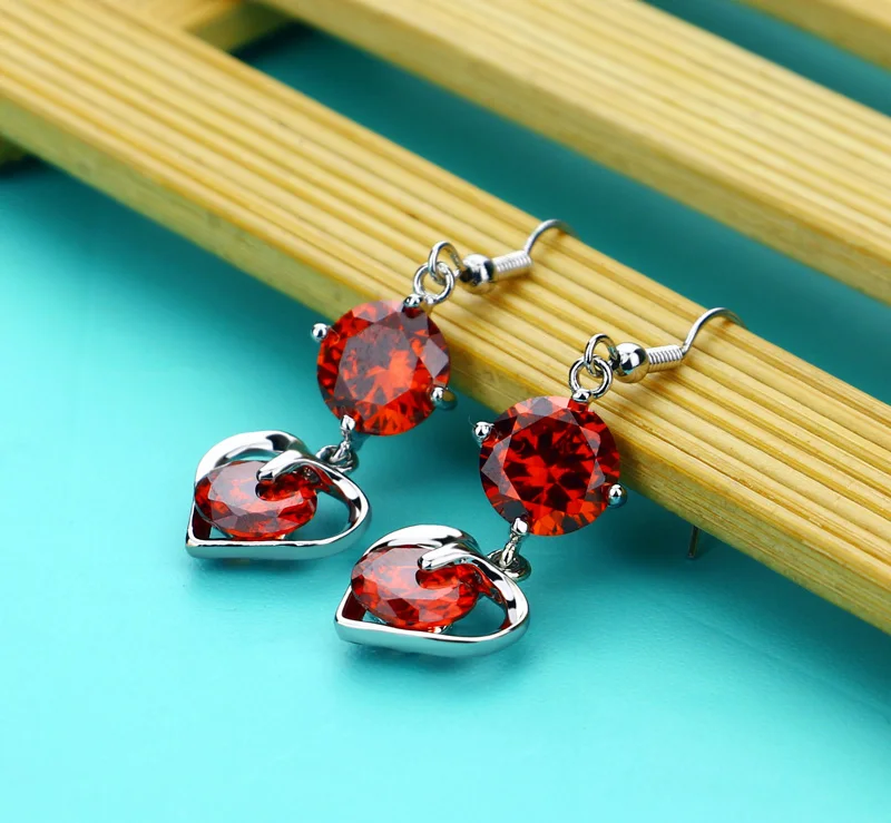New fashion noble red zircon silver jewelry. Solid 925 sterling woman earrings. Heart lady jewelry gift | Украшения и аксессуары