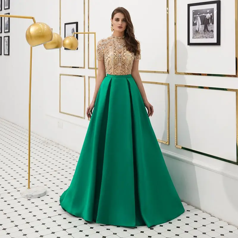 

Beauty Emily Stain Luxury Beads Sexy Green Evening Dresses 2018 O neck Long Party Prom Dresses Plus Size Party Gowns