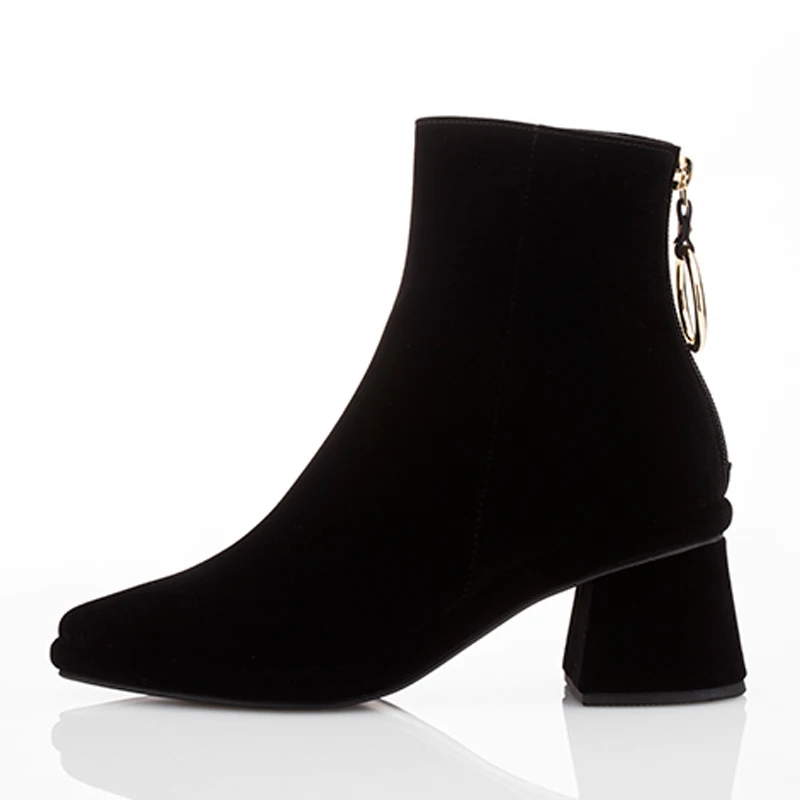Black Velvet Boots Роскошные Дизайнерские бархатные женские ботинки; цвет черный, зеленый, коричневый; женские ботильоны на молнии с металлическим кольцом; обувь на среднем каблуке; женские зимние ботинки - Цвет: Black Velvet Boots
