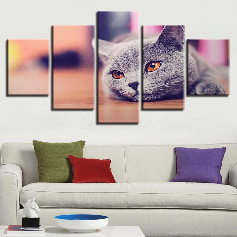 Canvas Paintings For Living Room Poster Framework 5 Panel Grey Cat Pictures Wall Art Animal Home Decor | Дом и сад