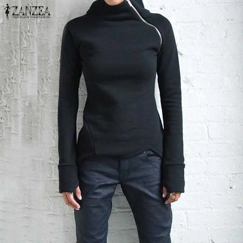 ZANZEA Women Hoodies Sweatshirts 2021 Autumn Casual Solid Long Sleeve Turtleneck Pullovers Zippers Slim Fit Blusas Plus Size Top | Женская