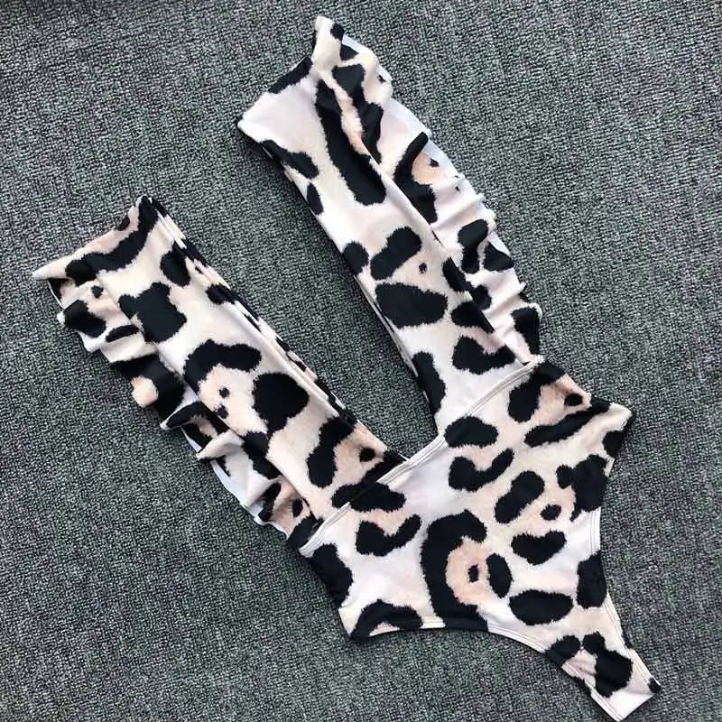 Leopard Сексуальный цельный купальник с глубоким v-образным вырезом, женский купальник с высокой посадкой, неоновое бикини, пляжная одежда с оборками, купальник для женщин, боди - Цвет: Leopard