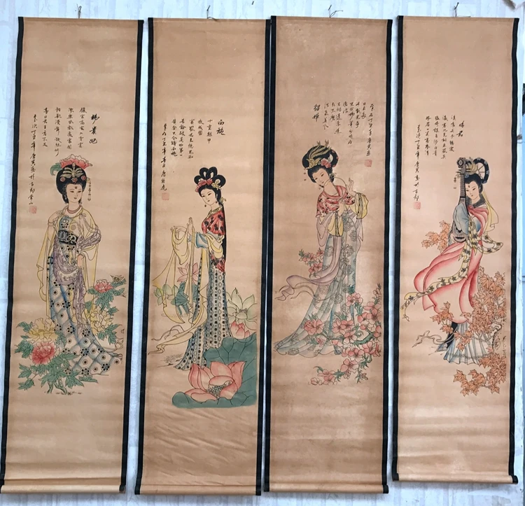 

China scroll painting Four screen paintings Middle hall hanging painting Tang Yin's Four Beauties