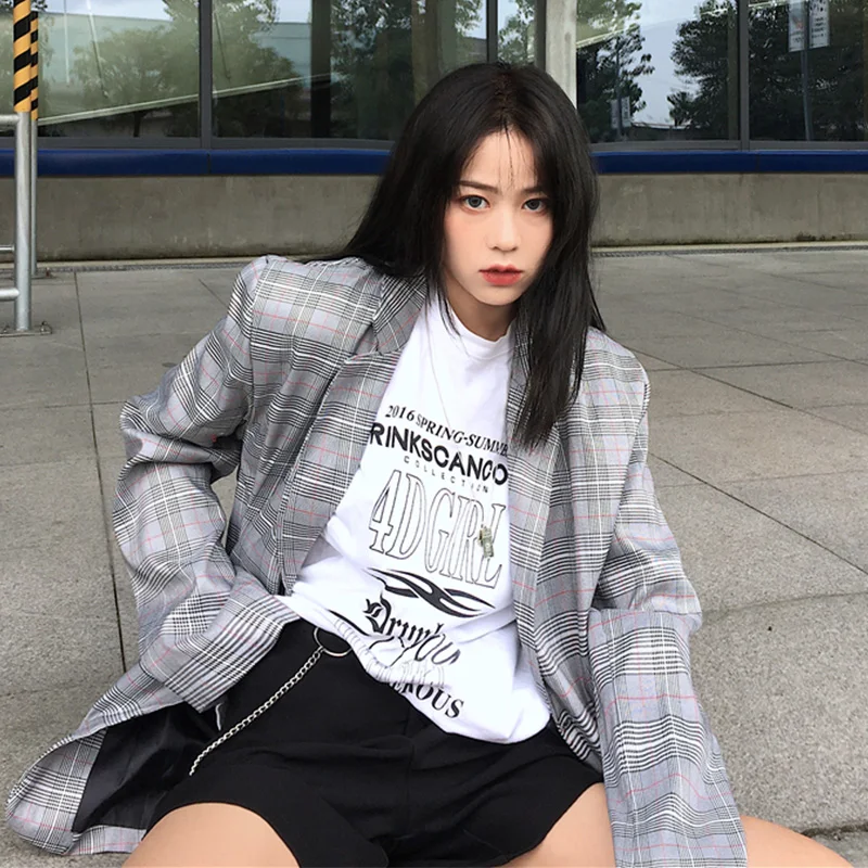 Весна корейский Костюм Ulzzang Harajuku BF ветер ретро плед костюм Свободный