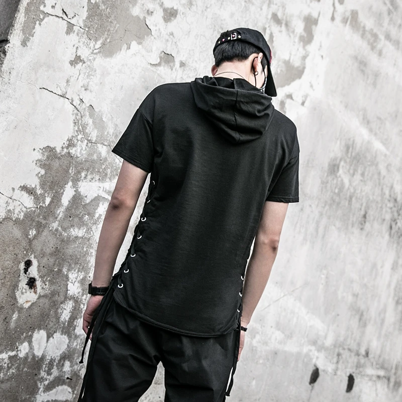 Streewear Для мужчин уникальная Двусторонняя шнурок летние футболка с капюшоном