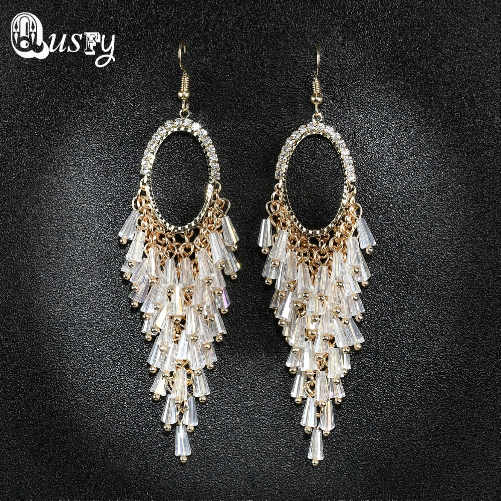 Qusfy Винтаж Кристалл серьги с бахромой Бохо висячие Свадебные украшения подарки