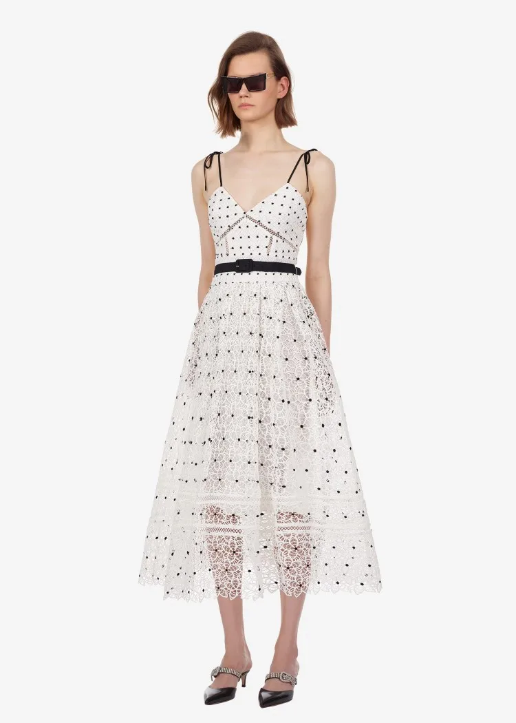 High Quality Self Portrait Dress 2019 Women Sexy V-neck Spaghetti Strap Pleated Long White Polka Dot Hollow Out Lace | Женская одежда