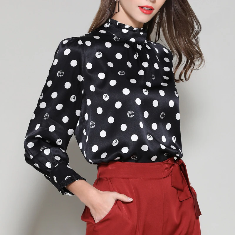 Bogeda 2019 блузка женская модная новая шелковая черная белая Повседневная в горошек