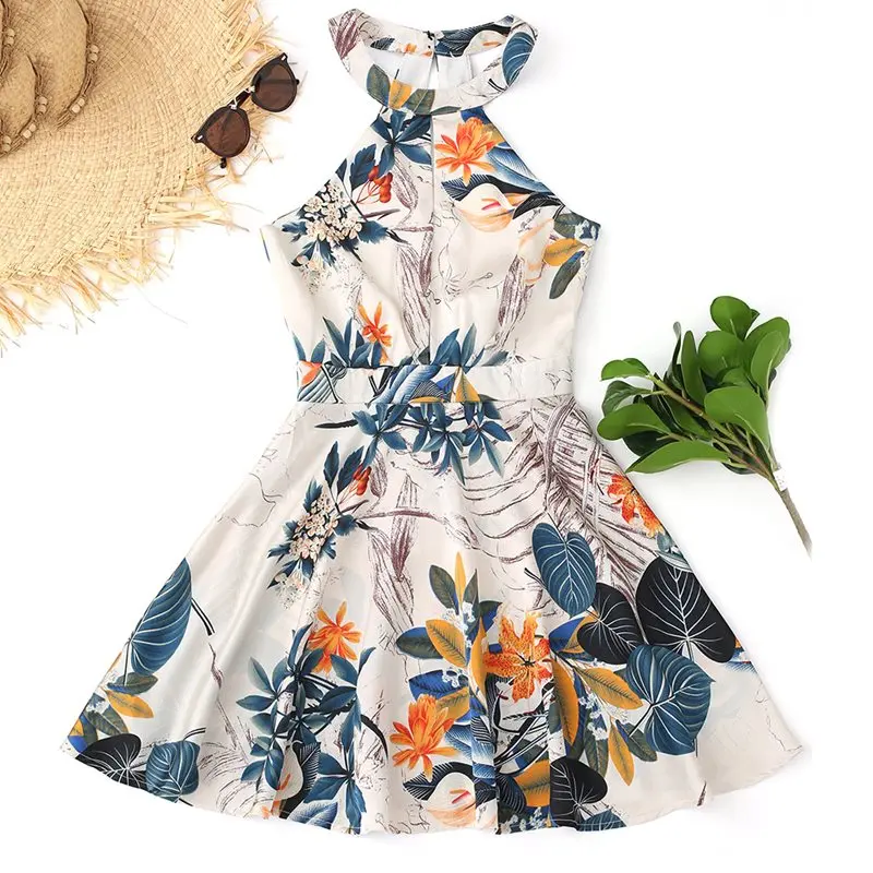 Короткое платье с цветочным принтом для девушек в стиле бохо с галтерной линией и без рукавов, спинка открыта, ретро-стиль, линия А, летние пляжные платья.