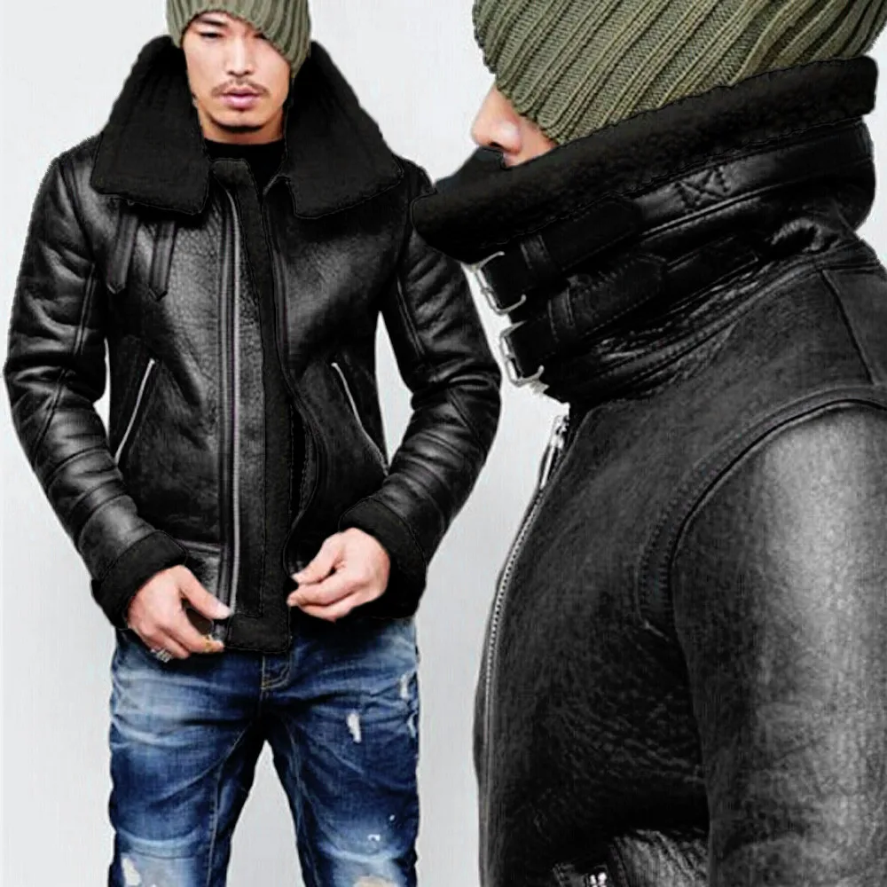 Для мужчин осень зима Highneck теплая меховая подкладка с Лацканами Кожаная верхняя одежда на молнии верхнее пальто#4O11# F