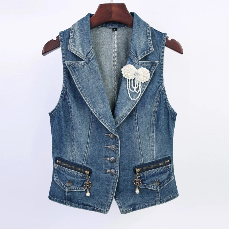 

Женский джинсовый жилет, весна-осень 2020, куртка без рукавов, костюмный воротник, женские жилеты, джинсовые короткие топы, повседневный женск...