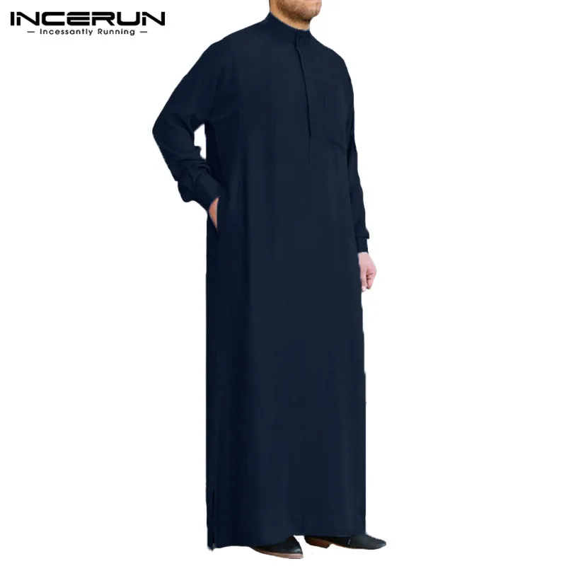 Navy INCERUN,, мужской мусульманский кафтан с длинным рукавом, винтажная Мужская Тауб, Дубай, саудовская Арабская одежда, мужской кафтан, jubba, S-5XL - Цвет: Navy