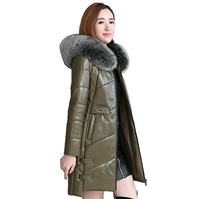 

Luxury Genuine Sheepskin Leather Suede Down Parkas Jacket With Fox Fur Hoody Winter Women Outerwear Coats Plus Size LF9031