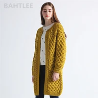 bahtlee winter long sleeve warm mohair cardigan knitting wool jacquard weave sweater women o neck jumper pocket mustard yellow
