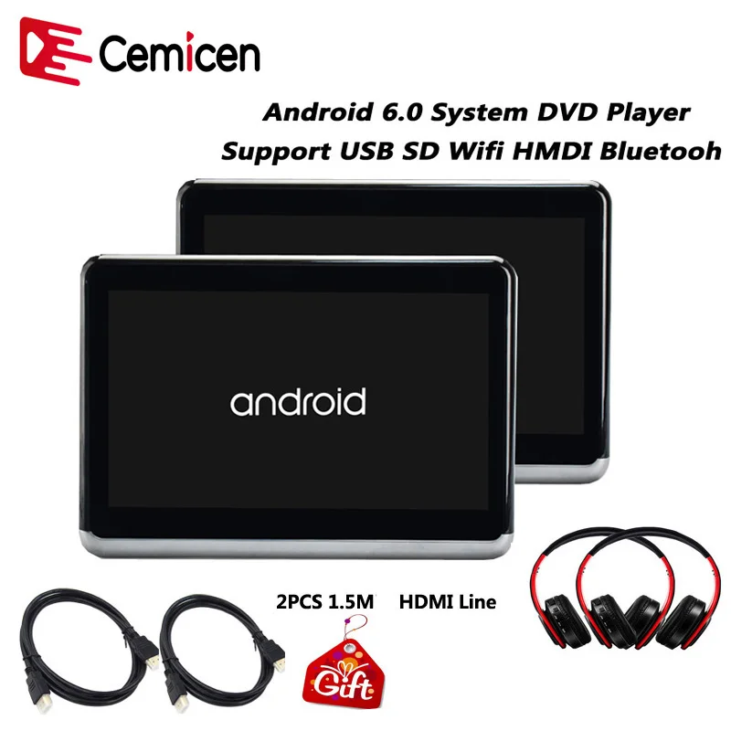 Cemichen 10 2 дюймов Android 6 0 Автомобильный Подголовник DVD монитор HD 1080P видео дисплей