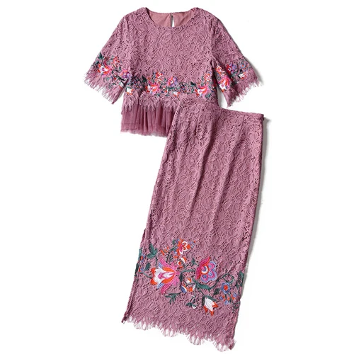 red purple suit RG Элегантная вышивка, кружевная юбка, костюмы, Черный гофрированный подол, топ размера плюс XL, Офисная Рабочая одежда, юбка, костюм, набор для женщин, лето - Цвет: red purple suit