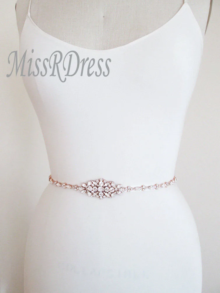 MissRDress тонком каблуке; свадебные туфли со стразами пояс 35,5 дюймов Длинные свадебные створки из розового золота с украшением в виде кристаллов пояс невесты для платье для свадьбы выпускного JK895