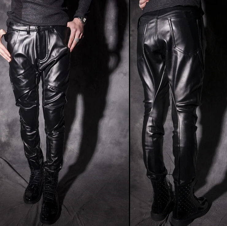 29-33 Men's brand fashion stage slim high quality vintage punk motorcycle leather pants singer dance costumes trousers clothing