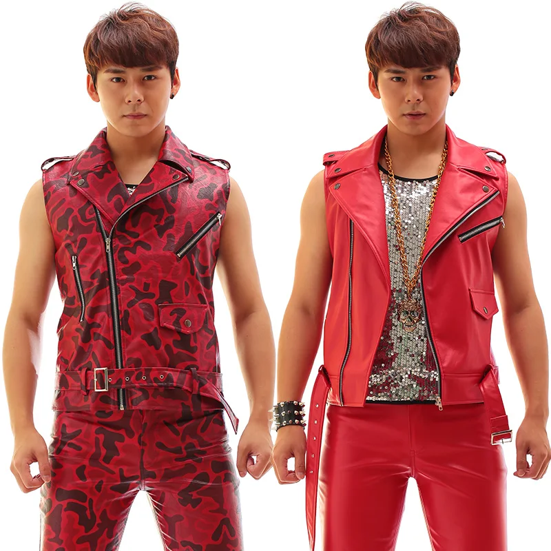 

Fashion Red slim Rack Drum print vest pants Nightclub Male singer Leather Vest Set Costumes Stage show performance wear