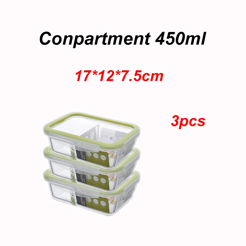 450ML 3PCS Высококачественный стеклянный Ланч-бокс для еды без бисфенола, контейнер для хранения еды с 2 отсеками для разогрева, для детей - Цвет: 450ML 3PCS
