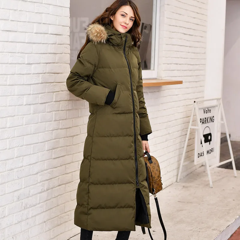 Army Green AYUNSUE, женский пуховик, Женская куртка с капюшоном, большой меховой воротник, толстое длинное зимнее пальто, женские корейские куртки, Manteau Femme Hiver KJ456 - Цвет: Army Green