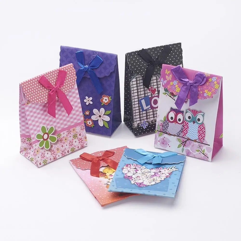 

6 pcs Paper Gift Shopping Bags Valentine's Day Packages Rectangle with Bowknot Mixed Color 105x75mm