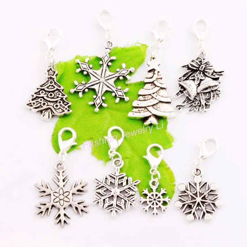 

8pcs Zinc Alloy Christmas Tree Snowflake Bell Clasp European Lobster Trigger Clip On Charm Beads CM18