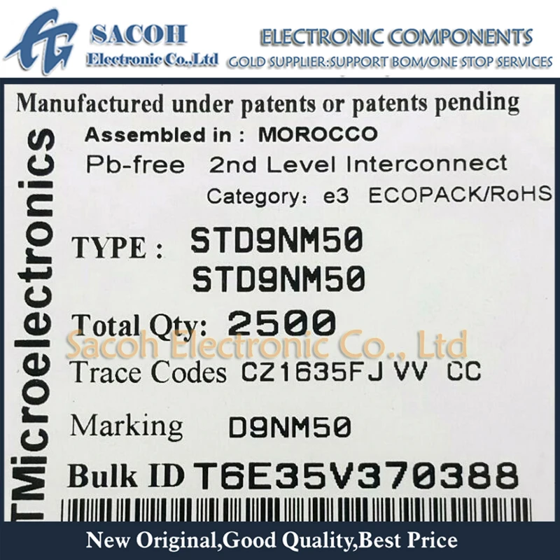 

Free Shipping 10Pcs STD9NM50 D9NM50 STD9NM50N D9NM50N TO-252 9A 500V N-channel MOSFET Transistor