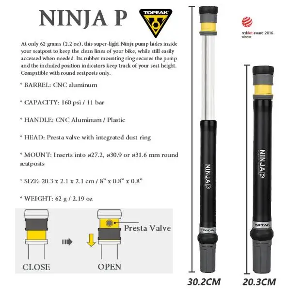 Topeak NINJA P велосипедный мини насос высокого давления дорожный велосипед 160psi Presta клапан портативный насос ЧПУ Надувное Велосипедное Подседельный штырь Скрытый насос