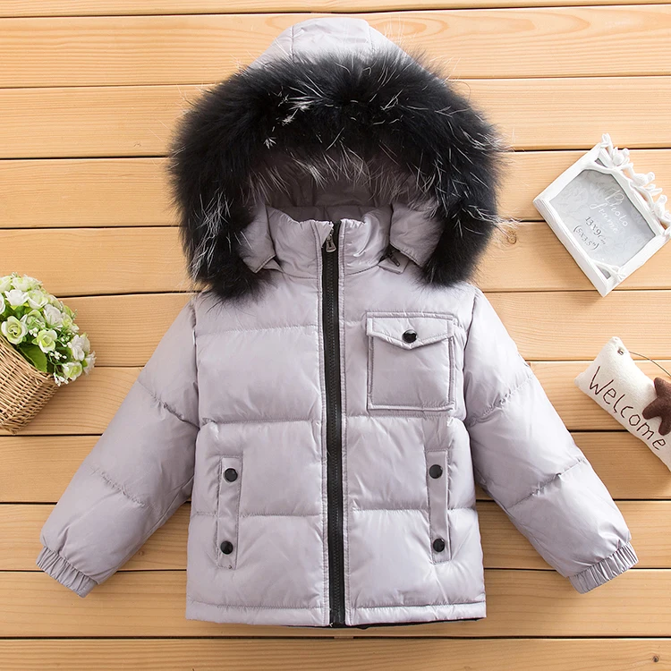 Light grey Black 90% г. Зимняя куртка-пуховик парка с воротником из меха енота для девочек и мальчиков, пальто детская зимняя одежда для маленьких девочек - Цвет: Light grey Black