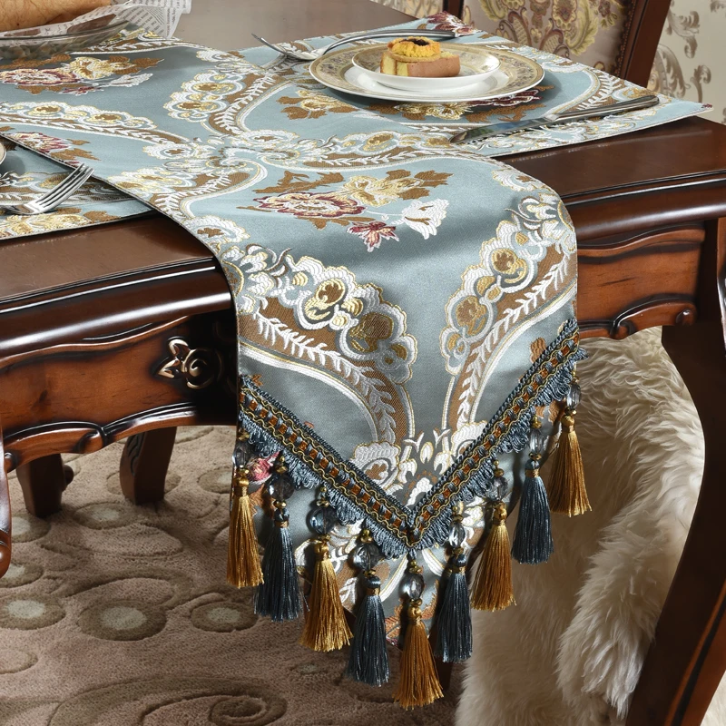 

Luxury Blue Silk Jacquard Table Runner Placemat High Quality Jacquard Tablecloth Table Flag Table Kitchen High-grade Supplies
