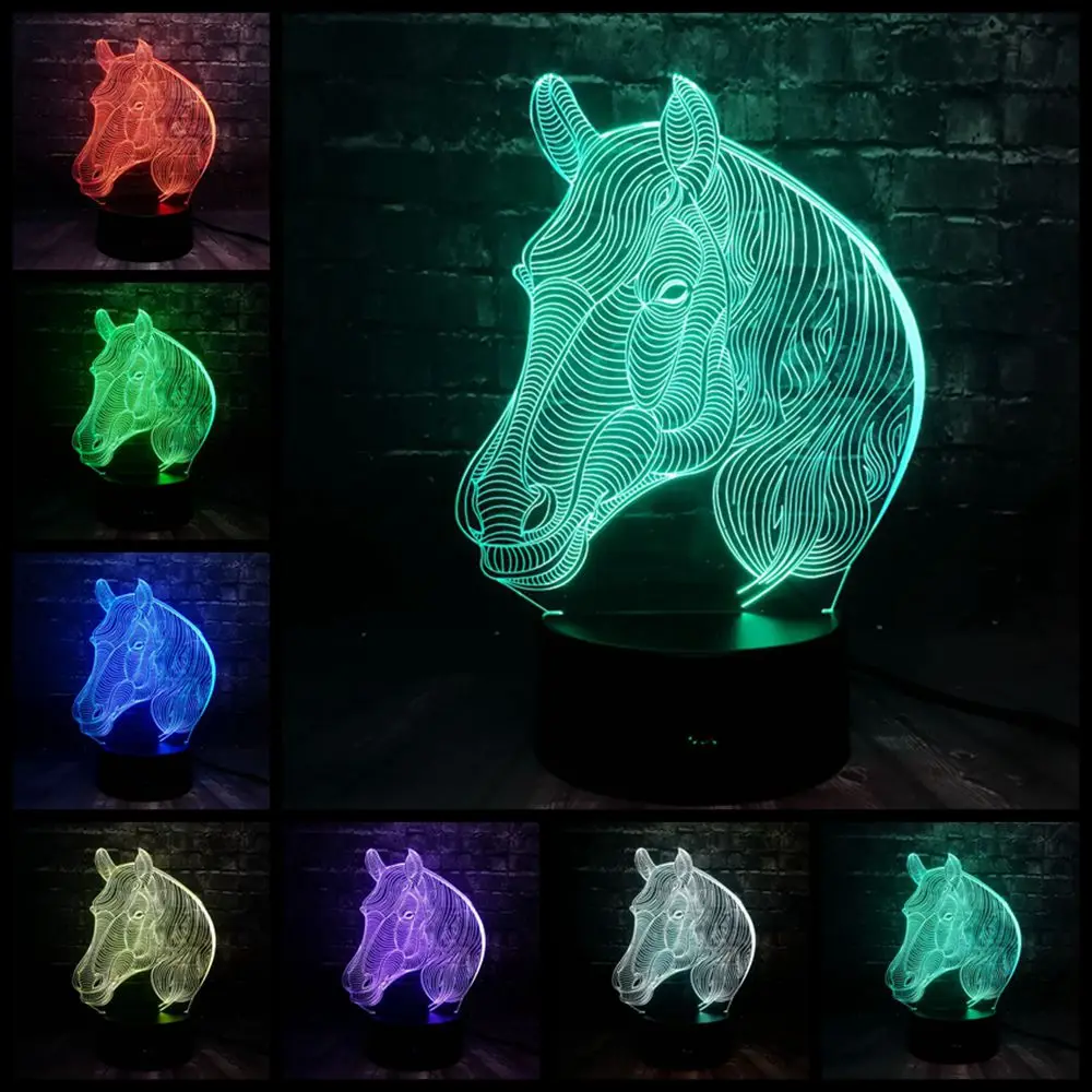 Креативная 3D голова лошади 7 цветов USB зарядка светодиодный светильник для