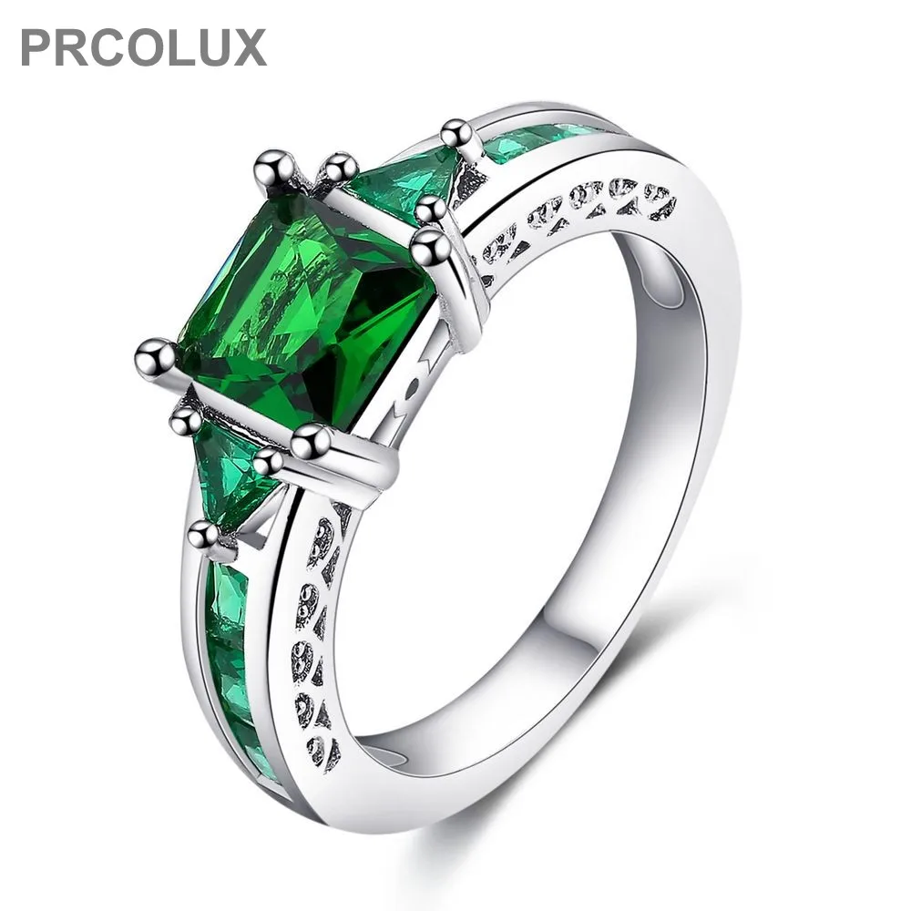 PRCOLUX Модные женские Принцесса Cut кольцо посеребренные зеленый CZ свадебные