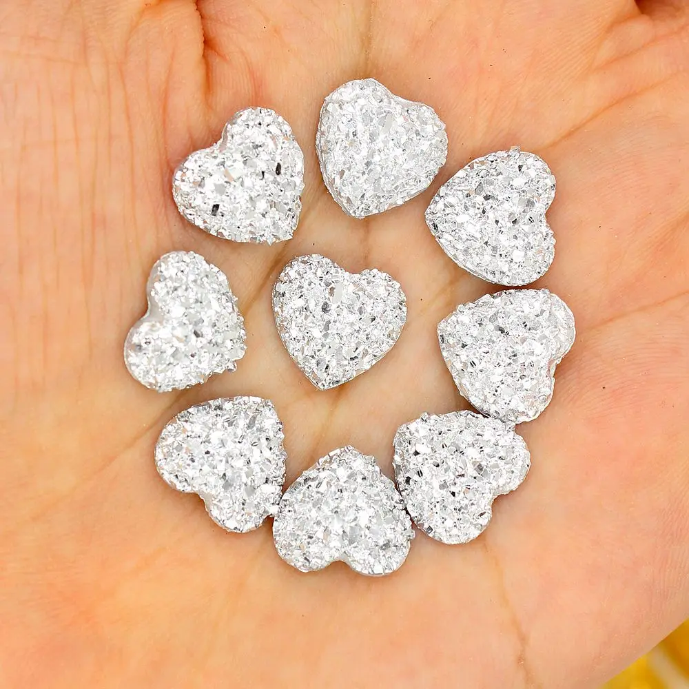 silver heart 12 мм, 50 шт, бронзовые/Серебристые бусины из смолы с плоской задней поверхностью, круглые/бусины в форме сердца, стразы из смолы с плоской задней поверхностью для украшения своими руками - Цвет: silver heart