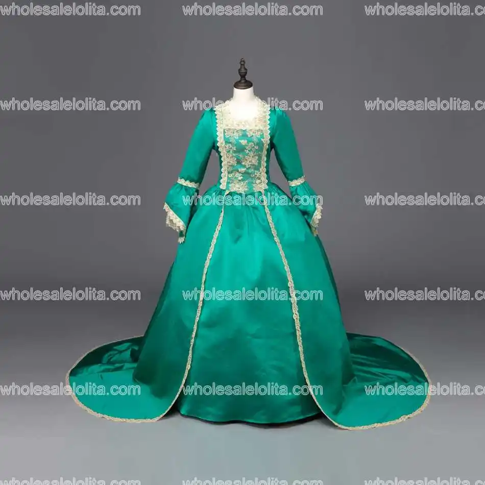 Зеленое платье Марии Антуанетты бальное эпохи Возрождения со шлейфом