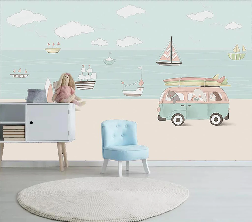 

Custom wallpaper Hand-drawn cartoon cars sailing small animals background wall