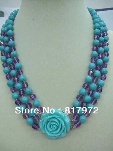 

Elegant Woman Jewelry 3 Rows necklace blue bead purple crystal mixed necklace carved rose flower clasp