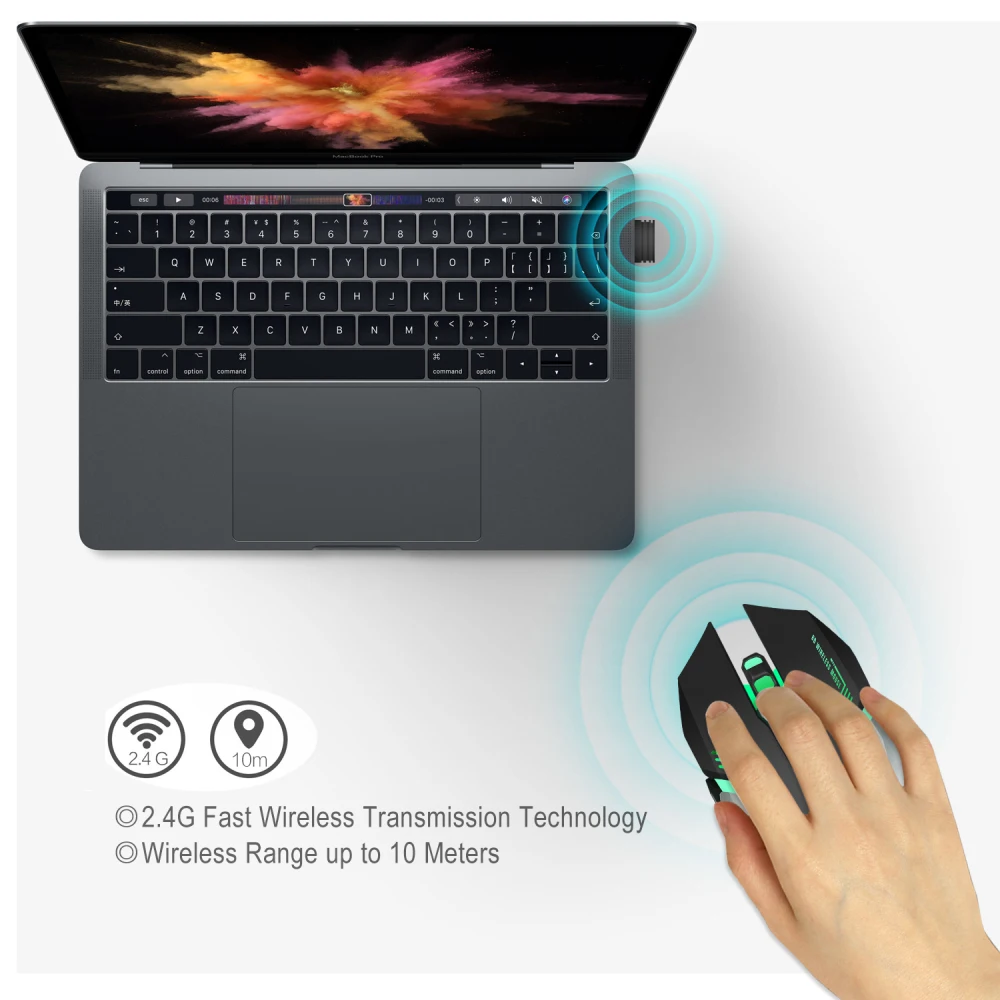 HXSJ M10 Беспроводная игровая мышь 2400 точек/дюйм перезаряжаемая 7 цветов подсветка дышащая комфортная геймерская мышь для компьютера настольного ноутбука