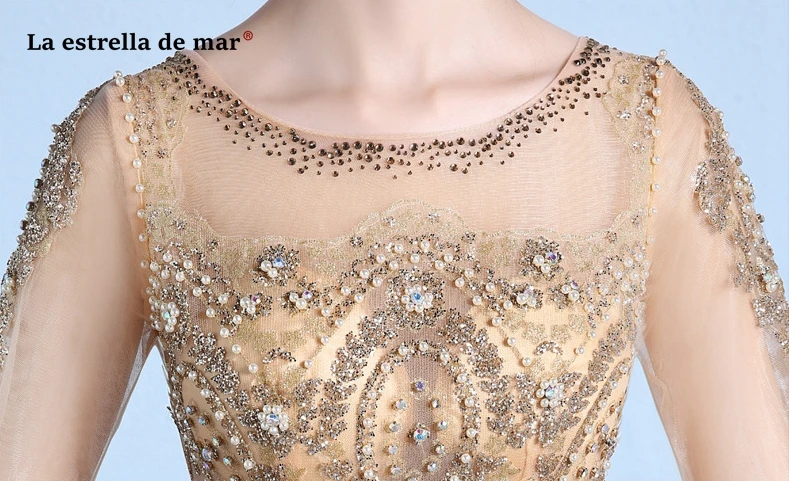 Vestido dama de honor boda, новинка, круглый вырез, 3/4 рукав, ALine, золото, шампанское, серебро, кружево, блестки, свадебное платье, длинное